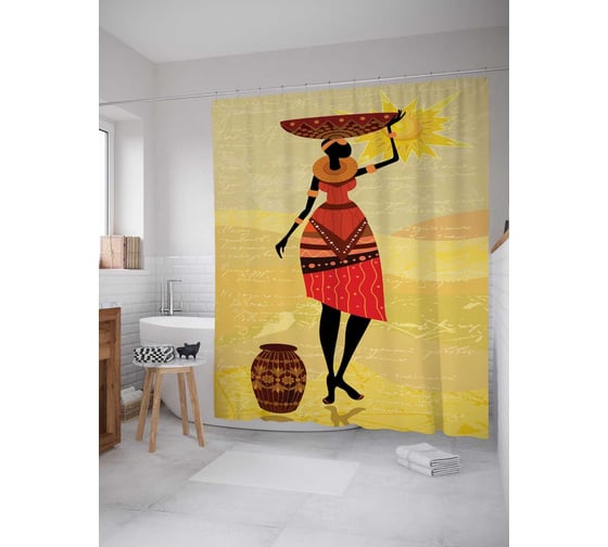 Изображение товара Штора (занавеска) для ванной JoyArty "Африканский стиль" из сатена, 180х200 см с крючками, sc_23255