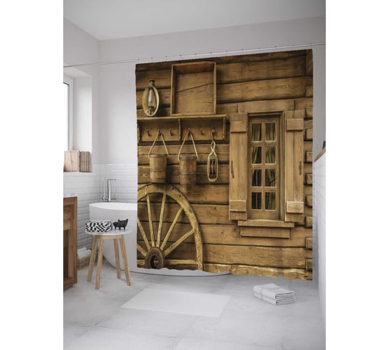 Изображение товара Штора (занавеска) для ванной JoyArty "Колесо у деревянного дома" из сатена, 180х200 см с крючками, sc_10230