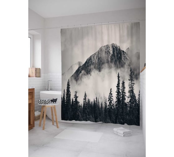 Изображение товара Штора (занавеска) для ванной JoyArty "Лесная дымка" из сатена, 180х200 см с крючками, sc_22018