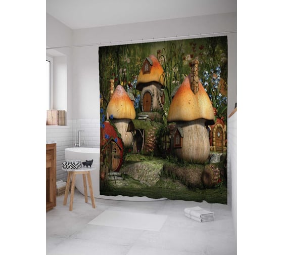 Изображение товара Штора (занавеска) для ванной JoyArty "Сказочные домики" из сатена, 180х200 см с крючками, sc_20651