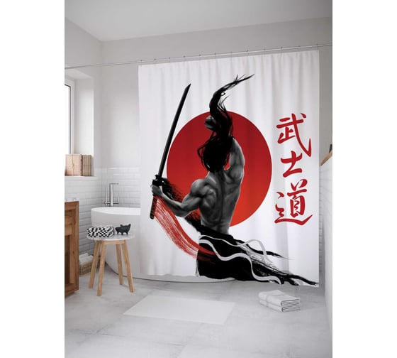 Изображение товара Штора (занавеска) для ванной JoyArty "Самурай на закате" из сатена, 180х200 см с крючками, sc_18269