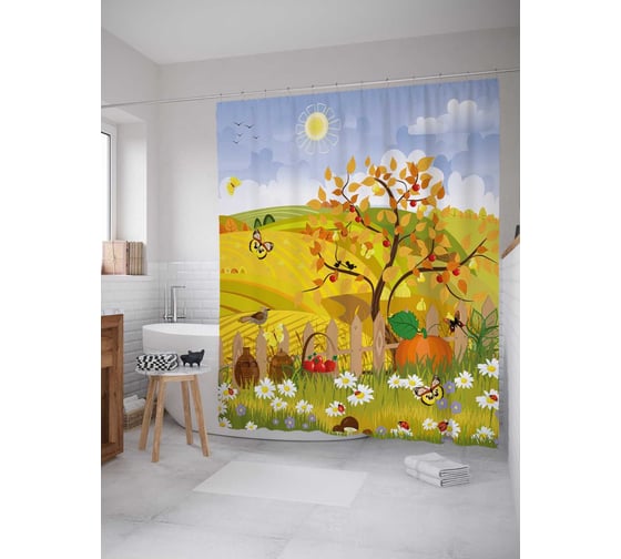 Изображение товара Штора (занавеска) для ванной JoyArty "Солнечный двор" из сатена, 180х200 см с крючками, sc_18827