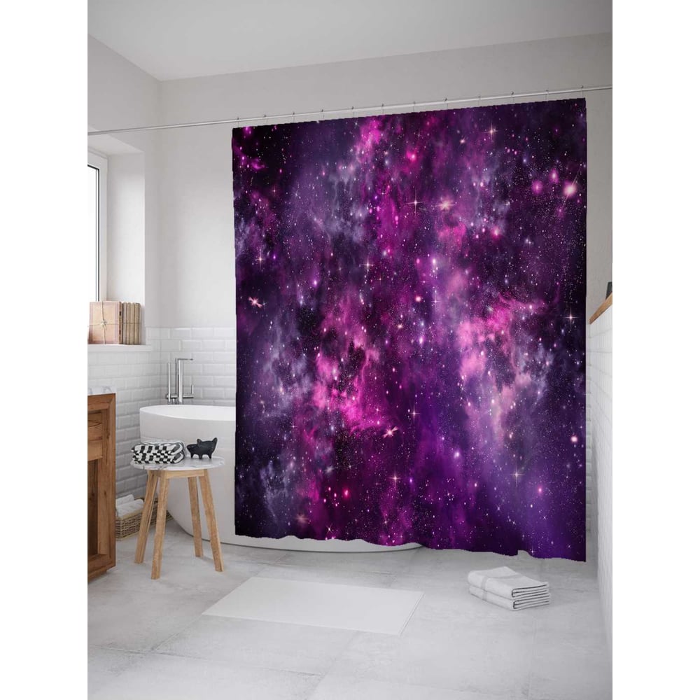 Изображение товара Штора для ванной JoyArty Прекрасный космос 180х200 см сатен фиолетовые звезды крючки кольца