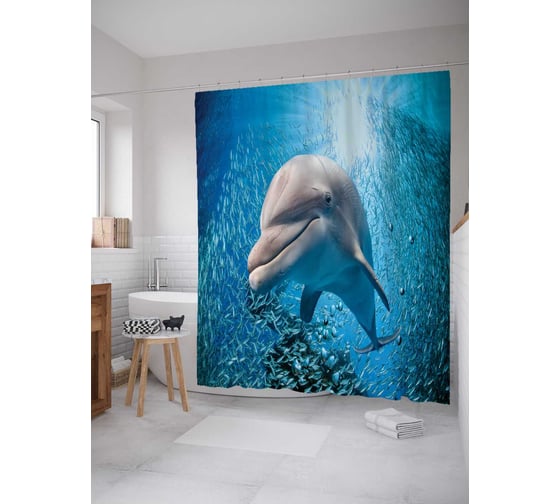 Изображение товара Штора (занавеска) для ванной JoyArty "Любопытный дельфин" из сатена, 180х200 см с крючками, sc_20437