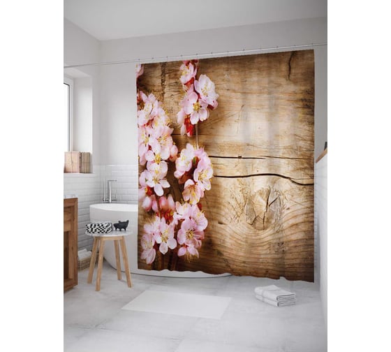 Изображение товара Штора (занавеска) для ванной JoyArty "Ветка вишни на дереве" из сатена, 180х200 см с крючками, sc_27470