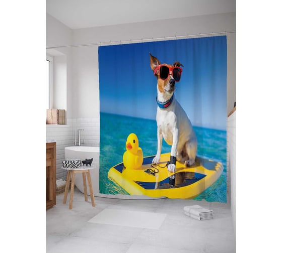 Изображение товара Штора (занавеска) для ванной JoyArty "Отдых по-собачьи" из сатена, 180х200 см с крючками, sc_23365