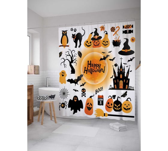 Изображение товара Штора (занавеска) для ванной JoyArty "Веселый Хэллоуин" из сатена, 180х200 см с крючками, sc_18818