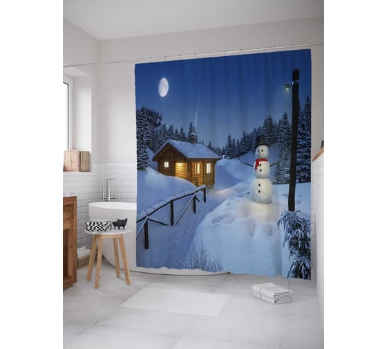 Изображение товара Штора (занавеска) для ванной JoyArty "Ночной снеговик" из сатена, 180х200 см с крючками, sc_20038