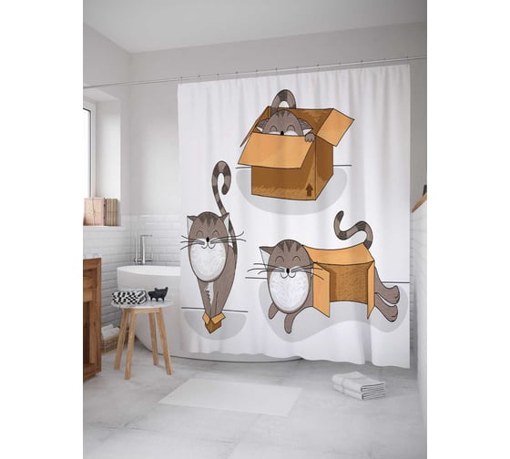 Изображение товара Штора (занавеска) для ванной JoyArty "Коты и коробки" из сатена, 180х200 см с крючками, sc_15572