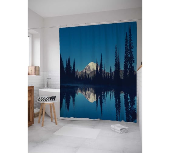 Изображение товара Штора (занавеска) для ванной JoyArty "Ночное отражение горы" из сатена, 180х200 см с крючками, sc_22015