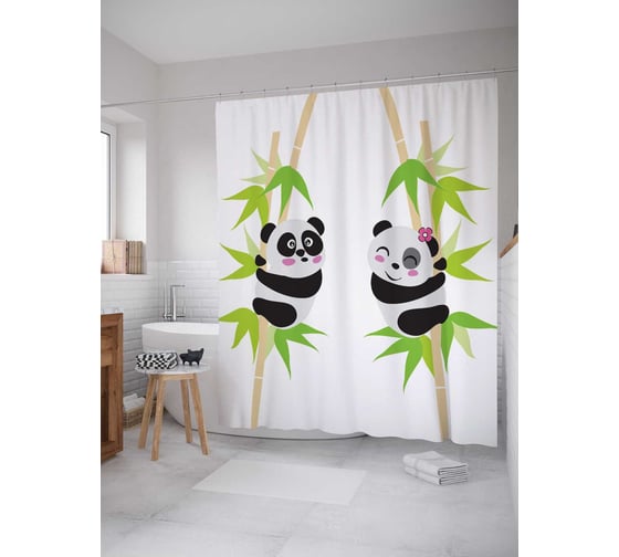Изображение товара Штора (занавеска) для ванной JoyArty "Стеснительные панды" из сатена, 180х200 см с крючками, sc_17653