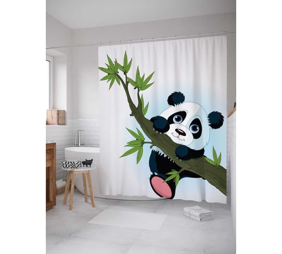Изображение товара Штора (занавеска) для ванной JoyArty "Панда на ветке" из сатена, 180х200 см с крючками, sc_17657