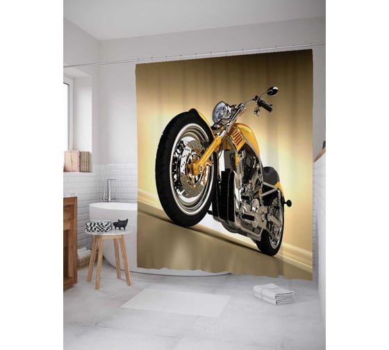 Изображение товара Штора (занавеска) для ванной JoyArty "Желтый мотоцикл" из сатена, 180х200 см с крючками, sc_18233