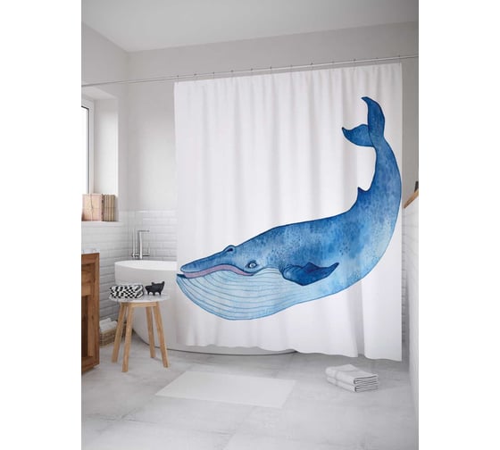 Изображение товара Штора (занавеска) для ванной JoyArty "Мудрый кит" из сатена, 180х200 см с крючками, sc_23191