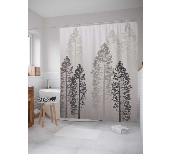 Изображение товара Штора (занавеска) для ванной JoyArty "Деревья в тумане" из сатена, 180х200 см с крючками, sc_19688