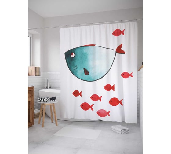 Изображение товара Штора (занавеска) для ванной JoyArty "Задумчивые рыбы" из сатена, 180х200 см с крючками, sc_20589