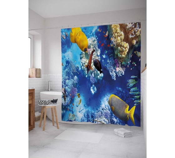 Изображение товара Штора (занавеска) для ванной JoyArty "Рыбное стремление" из сатена, 180х200 см с крючками, sc_21294