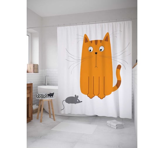 Изображение товара Штора (занавеска) для ванной JoyArty "Кот и мышь" из сатена, 180х200 см с крючками, sc_29244