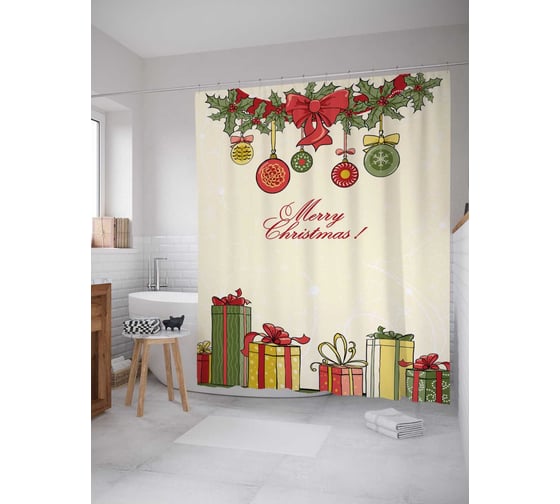 Изображение товара Штора (занавеска) для ванной JoyArty "Новогодние подарки" из сатена, 180х200 см с крючками, sc_20049