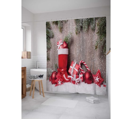 Изображение товара Штора (занавеска) для ванной JoyArty "Новогодние подарки" из сатена, 180х200 см с крючками, sc_20301