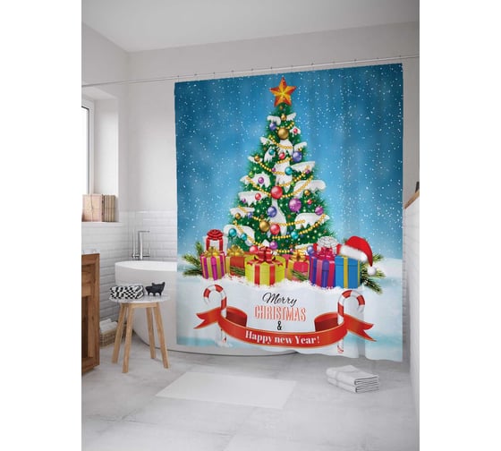Изображение товара Штора (занавеска) для ванной JoyArty "Новогодний сюрприз" из сатена, 180х200 см с крючками, sc_20306