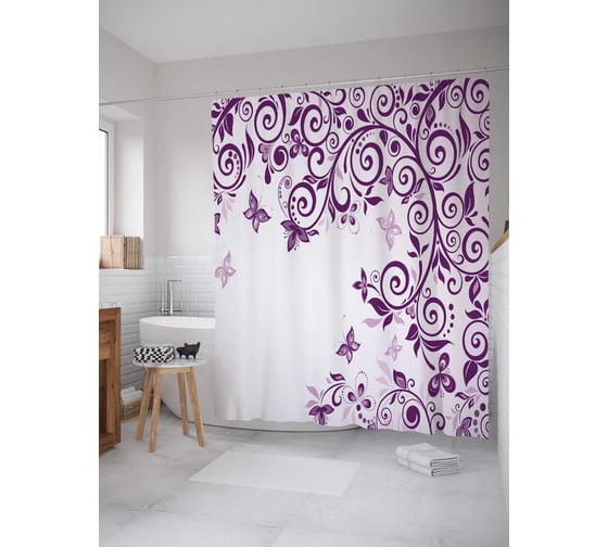 Изображение товара Штора (занавеска) для ванной JoyArty "Бабочки на завитках" из сатена, 180х200 см с крючками, sc_22267