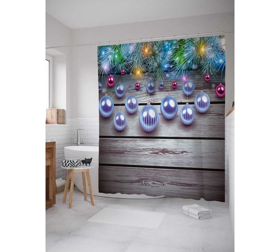 Изображение товара Штора (занавеска) для ванной JoyArty "Елочные игрушки" из сатена, 180х200 см с крючками, sc_21498