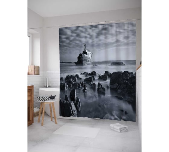 Изображение товара Штора (занавеска) для ванной JoyArty "Берег в скалах" из сатена, 180х200 см с крючками, sc_20544
