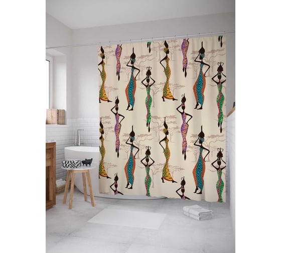 Изображение товара Штора (занавеска) для ванной JoyArty "Африканский показ мод" из сатена, 180х200 см с крючками, sc_23269