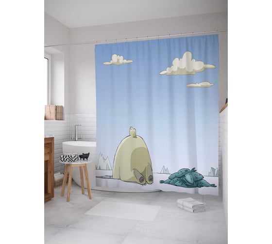 Изображение товара Штора (занавеска) для ванной JoyArty "Медведь рыболов" из сатена, 180х200 см с крючками, sc_26903