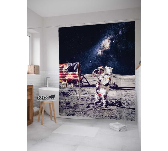 Изображение товара Штора (занавеска) для ванной JoyArty "Космонавт с флагом" из сатена, 180х200 см с крючками, sc_19940