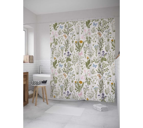 Изображение товара Штора (занавеска) для ванной JoyArty "Полевой гербарий" из сатена, 180х200 см с крючками, sc_27699