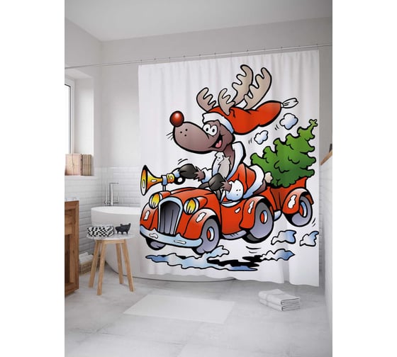 Изображение товара Штора (занавеска) для ванной JoyArty "Олень доставляет елку" из сатена, 180х200 см с крючками, sc_24121
