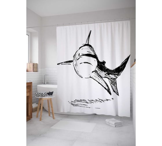Изображение товара Штора (занавеска) для ванной JoyArty "Акула наблюдает" из сатена, 180х200 см с крючками, sc_19827