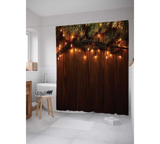 Изображение товара Штора (занавеска) для ванной JoyArty "Новогодняя гирлянда" из сатена, 180х200 см с крючками, sc_20304