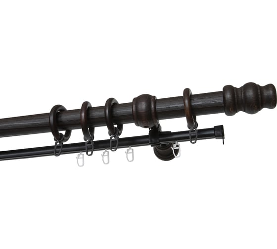 Изображение товара Карниз деревянный УЮТ Тренд круглый, двухрядный, D28, деревянная фурнитура, фактурная штанга, цвет венге, 200 см 2135689