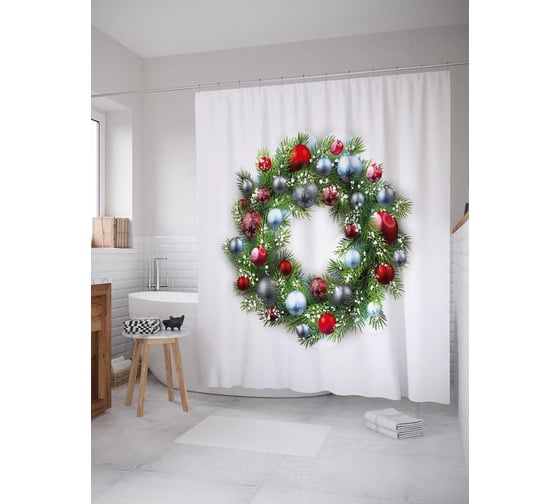Изображение товара Штора (занавеска) для ванной JoyArty "Яркий праздничный венок" из сатена, 180х200 см с крючками, sc_21485