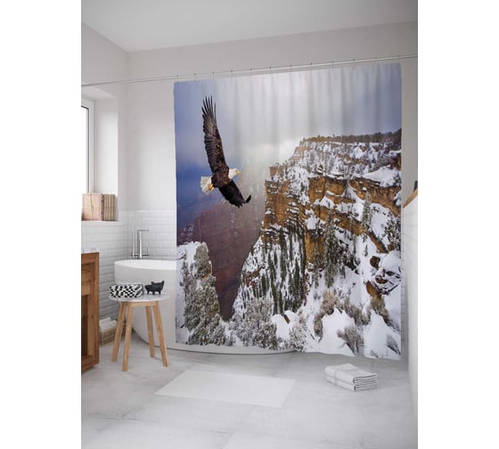 Изображение товара Штора (занавеска) для ванной JoyArty "Летящий орел" из сатена, 180х200 см с крючками, sc_21747