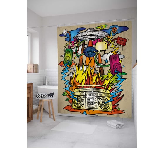 Изображение товара Штора (занавеска) для ванной JoyArty "Насыщенная музыка" из сатена, 180х200 см с крючками, sc_21393