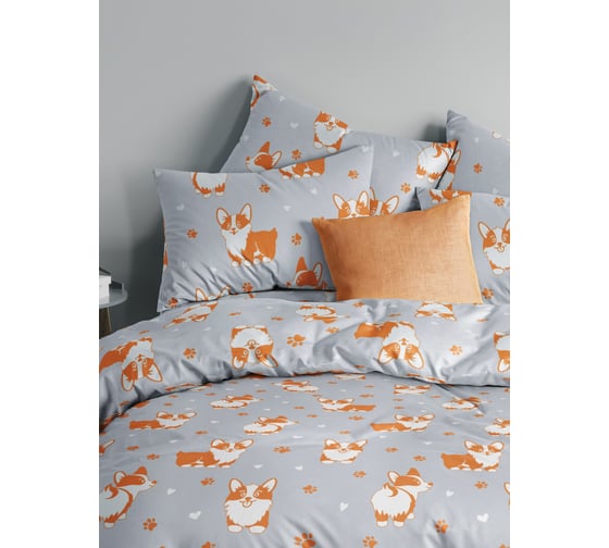 Изображение товара Комплект постельного белья Guten Morgen Бязь, рис.1169, Corgi 2 спальный Макси с нав. 50x70 см GMПБ-1169-175-220-50