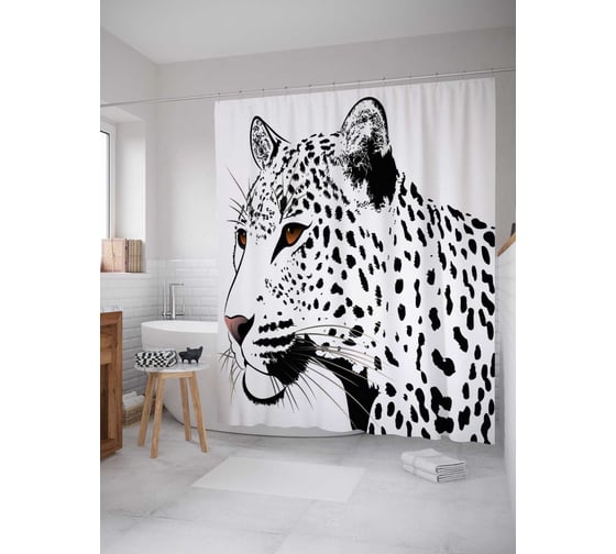 Изображение товара Штора (занавеска) для ванной JoyArty "Спокойствие леопарда" из сатена, 180х200 см с крючками, sc_22170