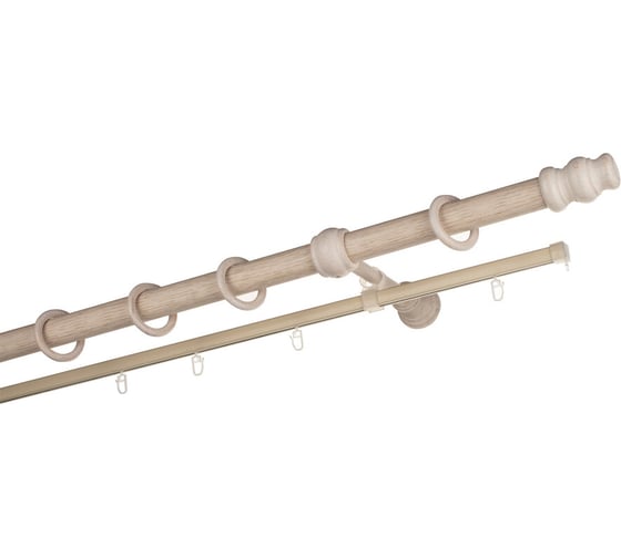 Изображение товара Карниз деревянный УЮТ круглый, двухрядный, D28, деревянная фурнитура, цвет беленый дуб, 200 см 2091256