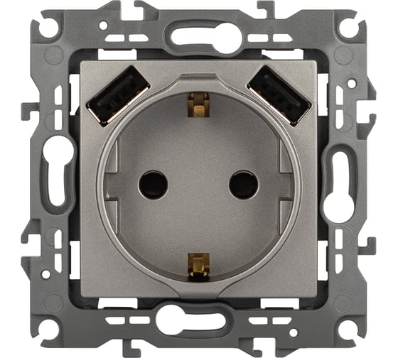 Изображение товара Розетка ЭРА Серия 12 12410916 , 2PE 16A250В, штор. с 2xUSB 5В3А, титан Б0065729