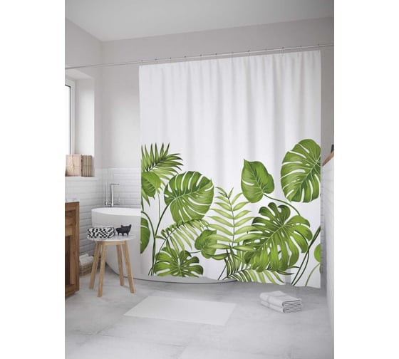 Изображение товара Штора (занавеска) для ванной JoyArty "Листья тропических растений" из сатена, 180х200 см с крючками, sc_36054