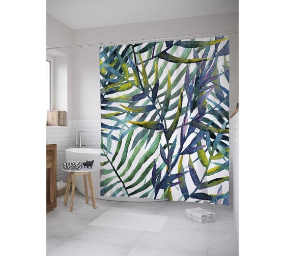 Изображение товара Штора (занавеска) для ванной JoyArty "Тропическая флора" из сатена, 180х200 см с крючками, sc_36049