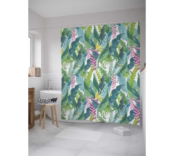 Изображение товара Штора (занавеска) для ванной JoyArty "Разнообразие тропиков" из сатена, 180х200 см с крючками, sc_36060