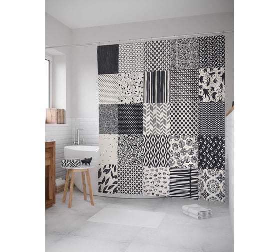 Изображение товара Штора (занавеска) для ванной JoyArty "Монохромный пэчворк" из сатена, 180х200 см с крючками, sc_29787