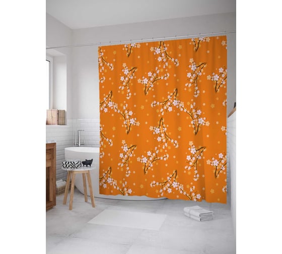 Изображение товара Штора (занавеска) для ванной JoyArty "Цветы на оранжевом фоне" из сатена, 180х200 см с крючками, sc_30484