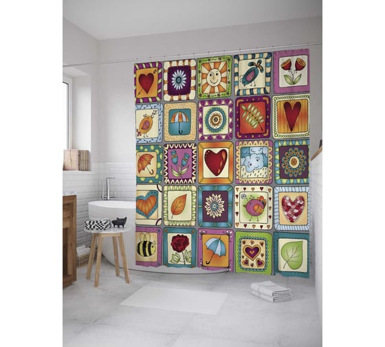 Изображение товара Штора (занавеска) для ванной JoyArty "Лоскутковые элементы" из сатена, 180х200 см с крючками, sc_35733