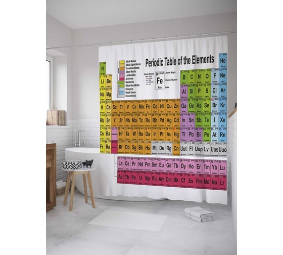 Изображение товара Штора (занавеска) для ванной JoyArty "Таблица Менделеева" из сатена, 180х200 см с крючками, sc_33453